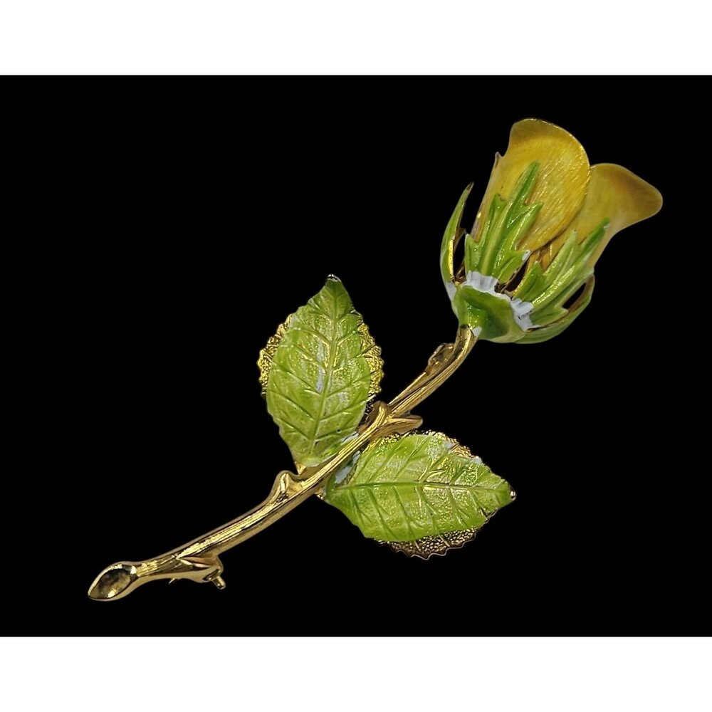 Vintage Yellow Green Enamel Rose Pin Brooch With Detailed Leaf Design1990s